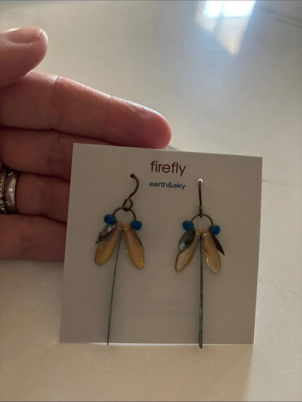 Blue and Gold Dragonfly Dangle Earrings